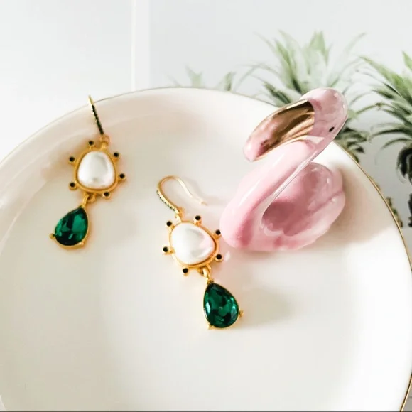 Oscar de la Renta Faux Pearl with Crystal Drop Earrings Green